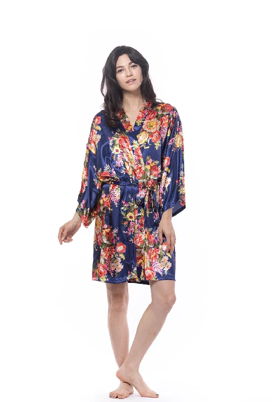 high-quality women's pajama setsSatin Floral Blossom Robe Navy Blue