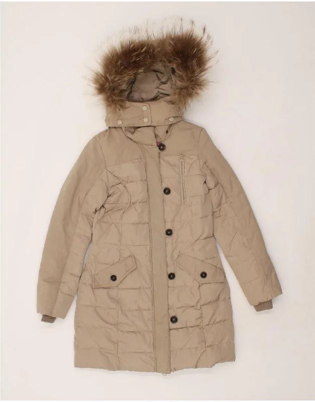 Women's Coats with Fur Trimmed HoodRIFLE Womens Hooded Padded Coat UK 6 XS Beige Polyester