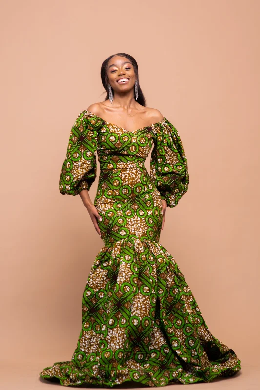 Women's Bell-Sleeve DressesHauwa Ankara Maxi Dress | Green and Brown African Print