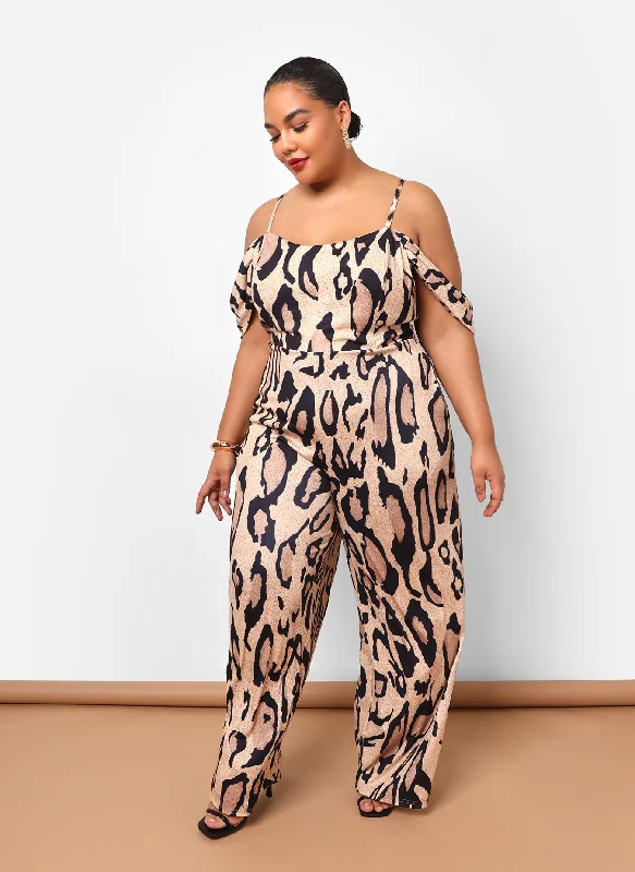 Women's Jumpsuits with U-Shaped NeckSarriyah Leopard Drop Sleeve Bell Bottom Jumpsuit