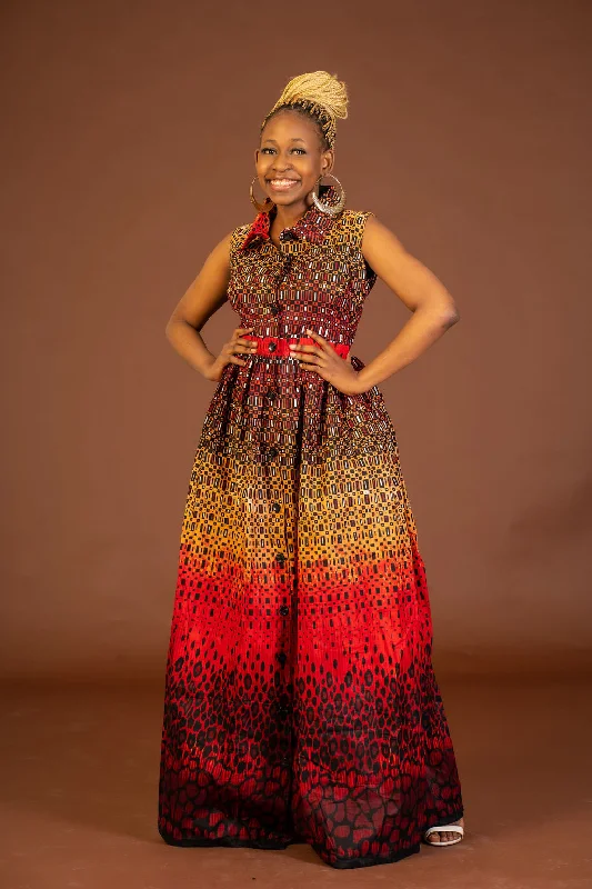 Women's Narrow Collar DressesAwah Ankara Maxi Dress | Red and Yellow African Print