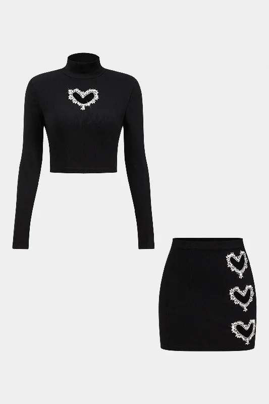 Heart Shape Rhinestone Mock Neck Long Sleeve Top And Skirt Set