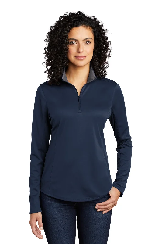 Women's Hooded Sweatshirts with Stretch WaistPort Authority Womens Silk Touch Performance Moisture Wicking 1/4 Zip Sweatshirt - Navy Blue/Steel Grey