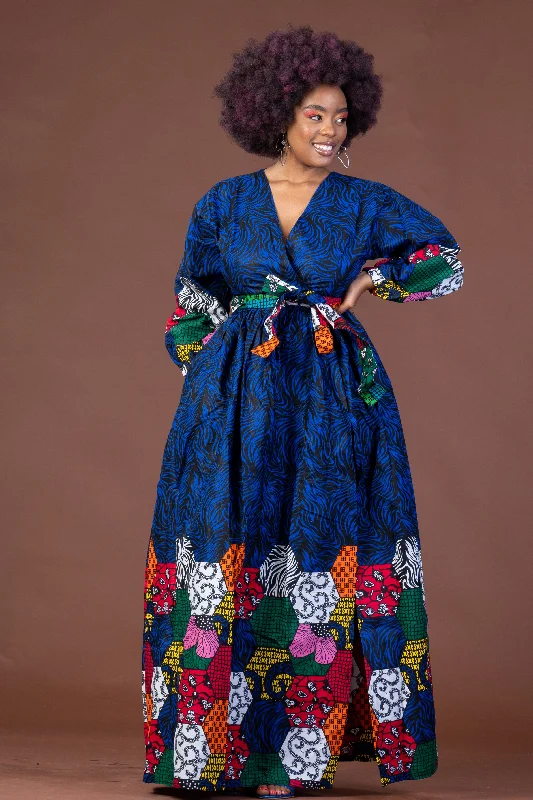 Women's Round-Neck DressesAbas Ankara Maxi Dress | Blue African Print