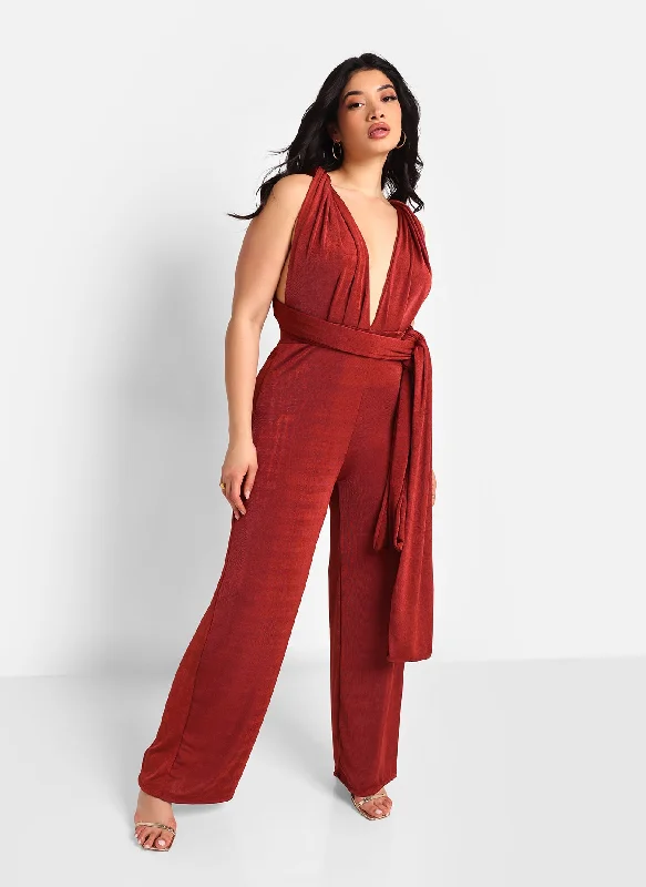 Women's Jumpsuits with Shirt CollarSol Slinky Tie Back Wide Leg Jumpsuit - Brick