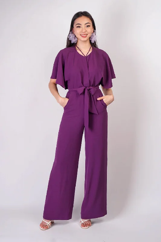 Women's Jumpsuits with Peter Pan CollarEggplant Pleated Wrap Necee Jumpsuit