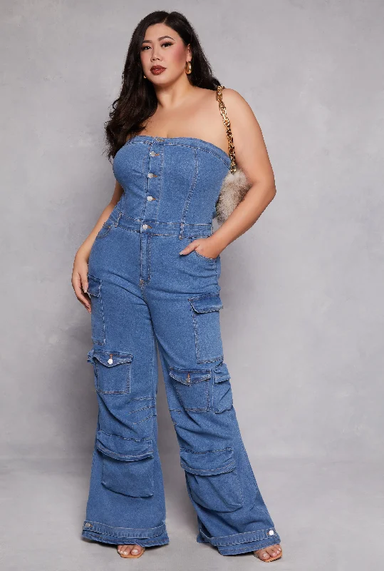 Women's Jumpsuits with PocketsPlus Size Daisy Denim Strapless Cargo Jumpsuit