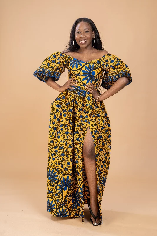 Women's U-Shaped Collar DressesTinsley Ankara Off shoulder Maxi Dress | Yellow and Blue African Print