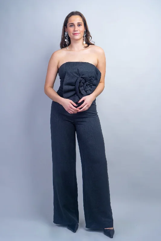 Women's Jumpsuits with Mandarin CollarBlack Linen Flower Strapless Jumpsuit