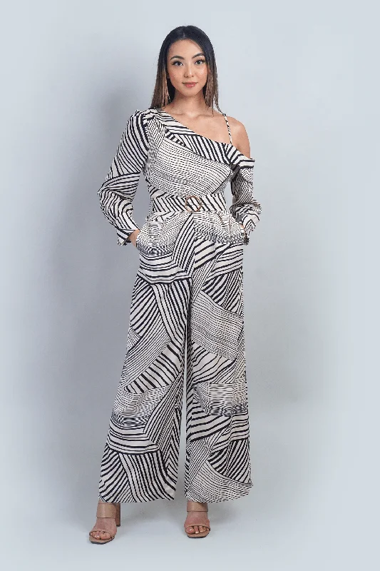 Women's Jumpsuits with Capri LengthIvory and Black Abstract Print Asymmetrical Shoulder Jumpsuit