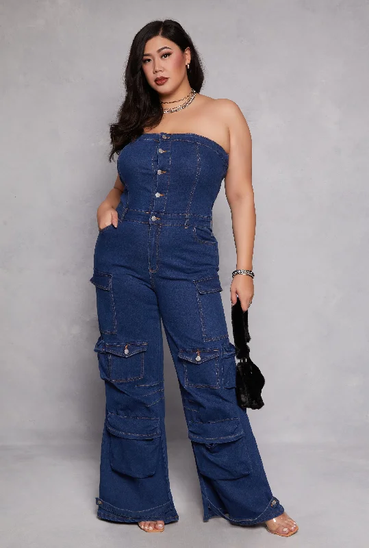 Women's One-Piece JumpsuitsPlus Size Daisy Denim Strapless Cargo Jumpsuit