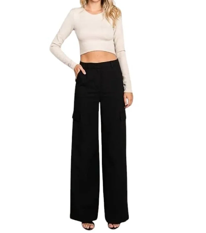 Women's Jodhpurs with Belt LoopsTwill Wide Leg Flap Pocket Pants In Black