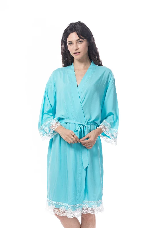 ladies' silk pajama topsCotton Lace Trim Robe Aqua