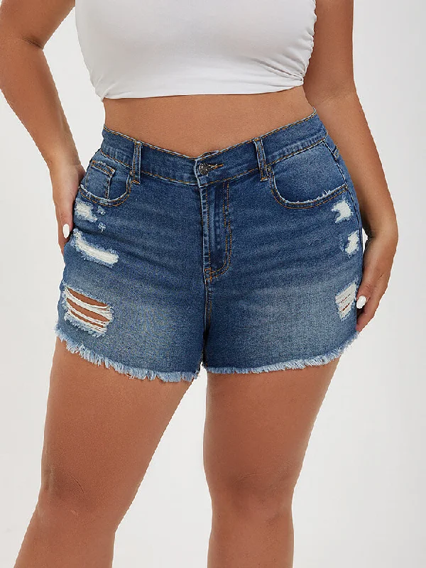 Plus Dark Blue Ripped Raw Cut Denim Shorts