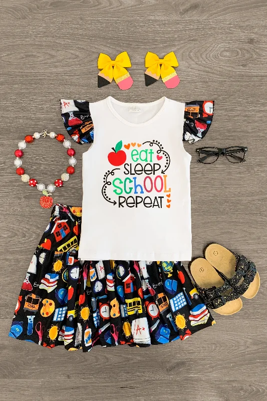 "Eat Sleep School Repeat" Black & White Skirt Set