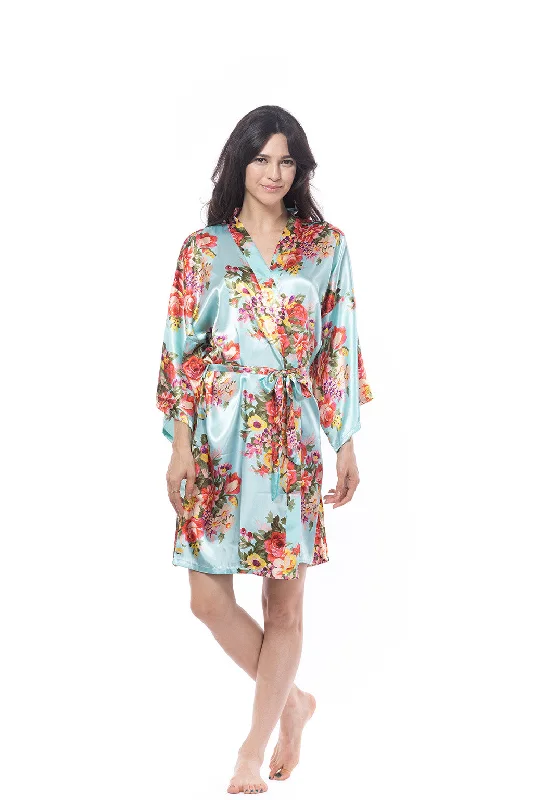 women's pajamas with pockets on the chestSatin Floral Blossom Robe Light Blue