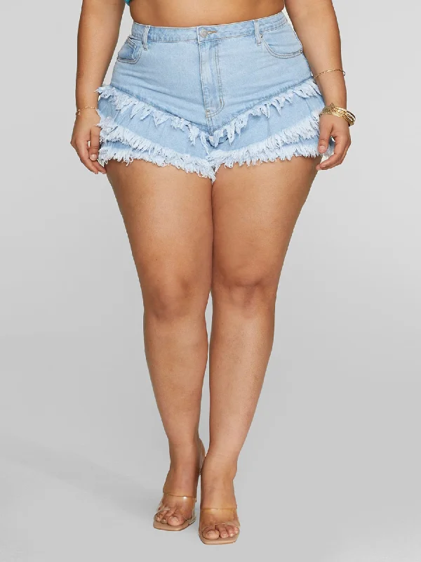 Light Wash Fringe Denim Shorts