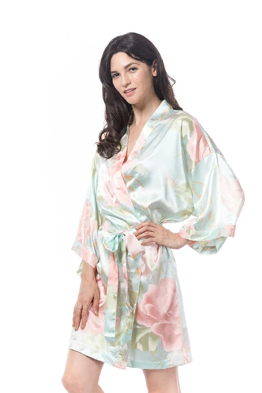 women's pajamas in bold patternsSatin Peony Robe Aqua