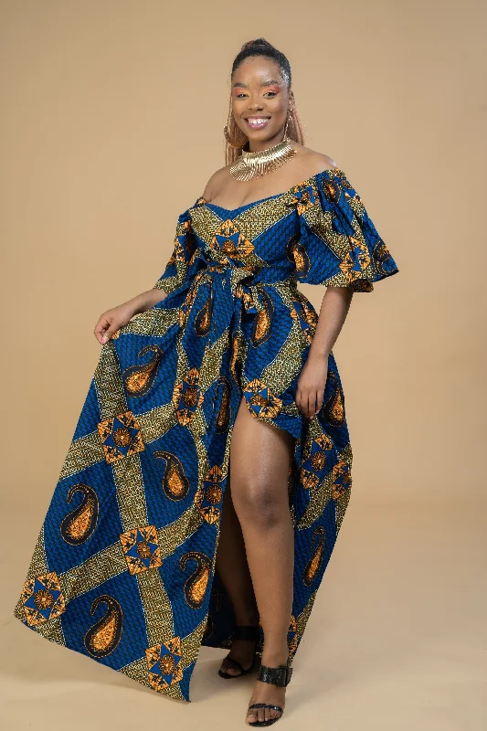 Women's Rounded-Neck DressesTaylor Ankara Off shoulder Maxi Dress | Blue and Gold African Print