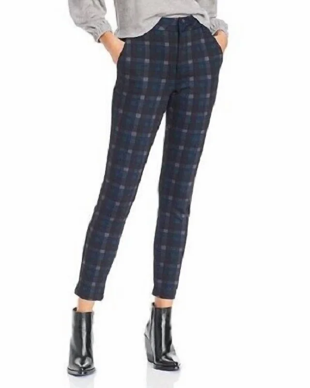 Women's SweatpantsStretch High Rise Slim Pants In Green Navy Plaid