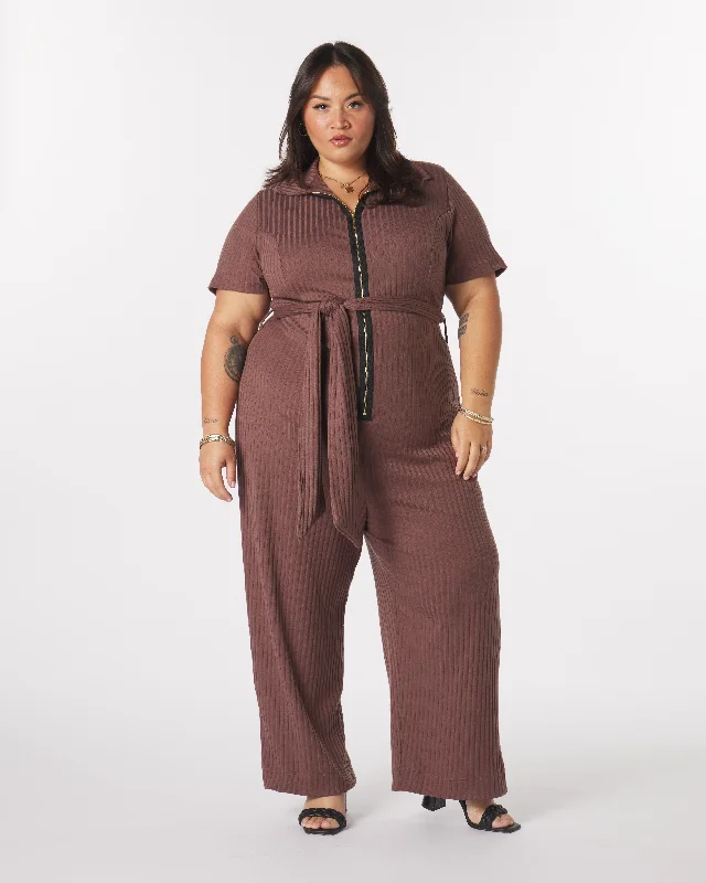 Women's Jumpsuits with Notched Collar“Lucia" Knit Belted Jumpsuit in Acorn