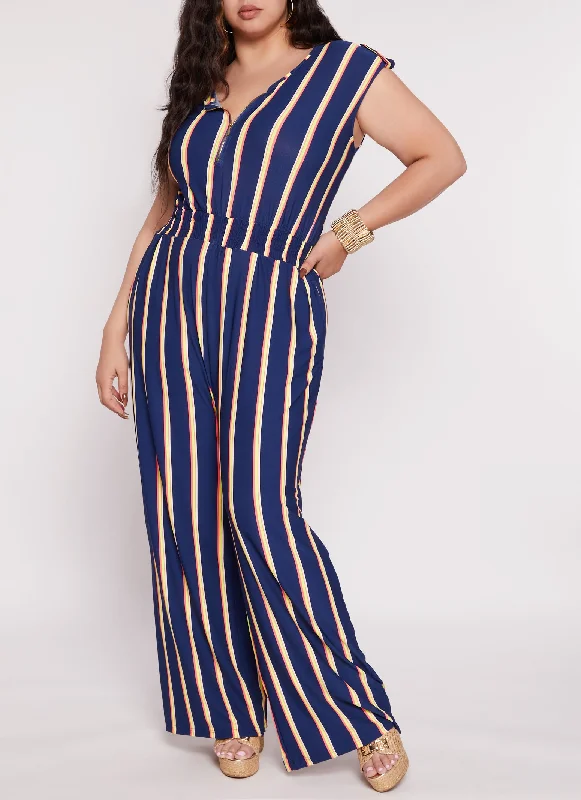 Women's Jumpsuits with Straight HemPlus Size Striped Half Zip Jumpsuit