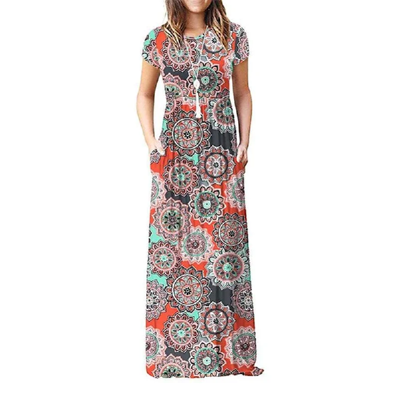 Women's Shirt Collar DressesFashionSierra - Summer Short Sleeve Long Dress Floral Print Boho Beach Dress Tunic Maxi Dress