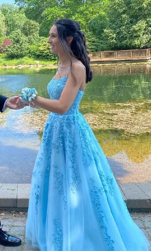 Women's Shawl Collar DressesBlue Lace Prom Dress Long, Formal Ball Dress, Evening Dress, Dance Dresses, School Party Gown      S3237