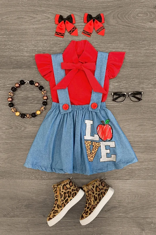 "LOVE" Cheetah School Suspender Skirt Set