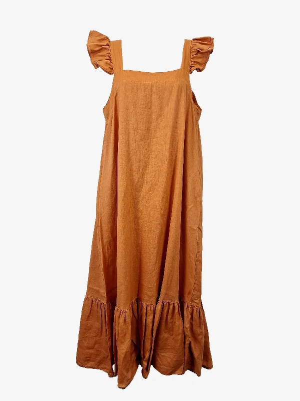 Women's Low Collar DressesIsle of Mine Terracotta Frilled Strap Linen Maxi Dress Size M