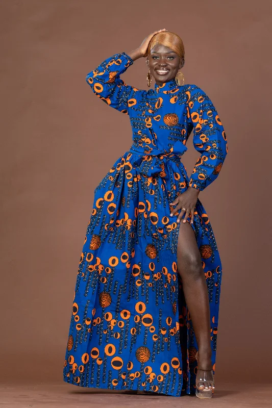 Women's Tiered DressesRoyal Ankara Maxi Dress | Blue and Orange African Print