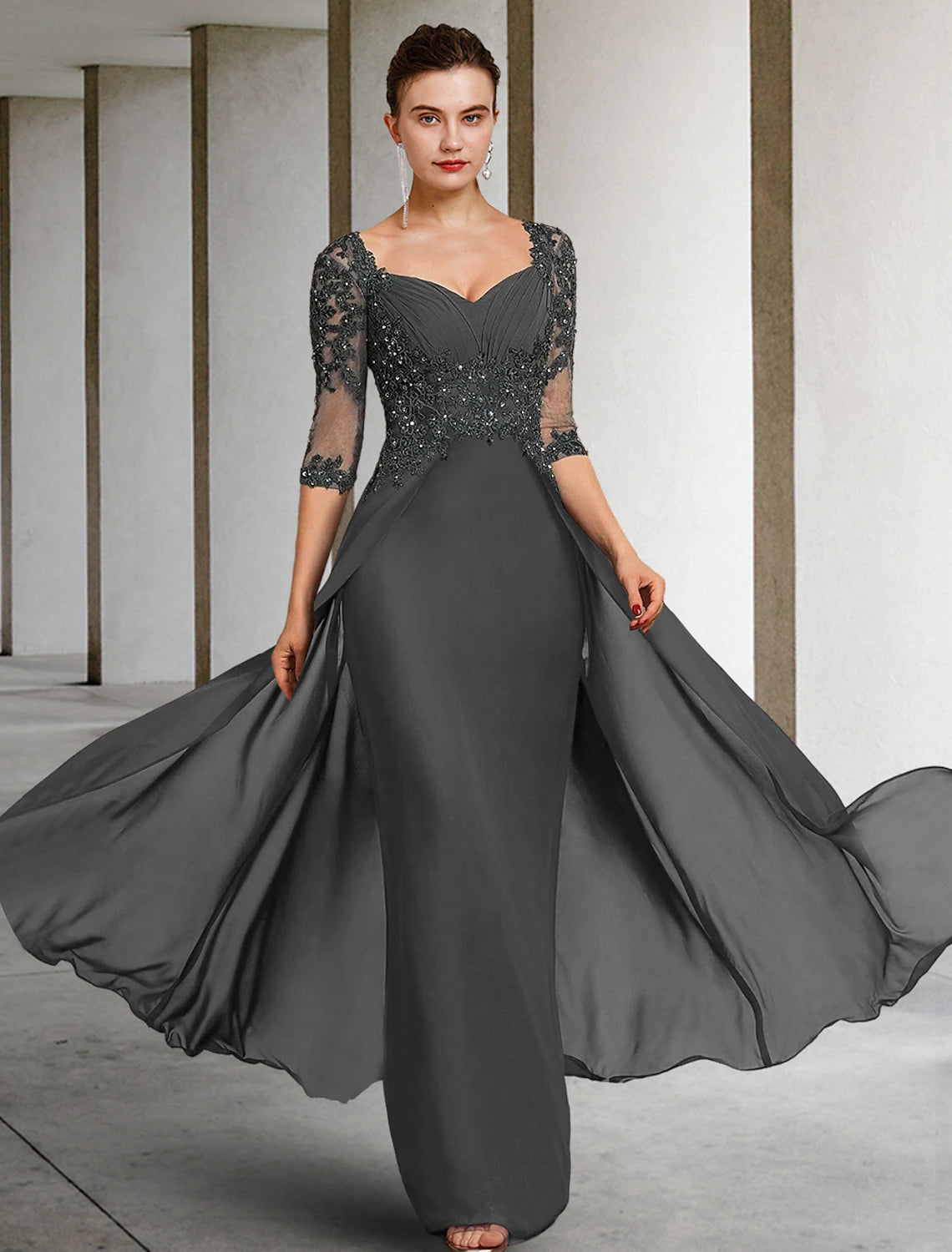 Women's Narrow Collar DressesSheath / Column Mother of the Bride Dress Formal Wedding Guest Party Elegant Square Neck Floor Length Chiffon Lace 3/4 Length Sleeve with Sequin Appliques Ruching