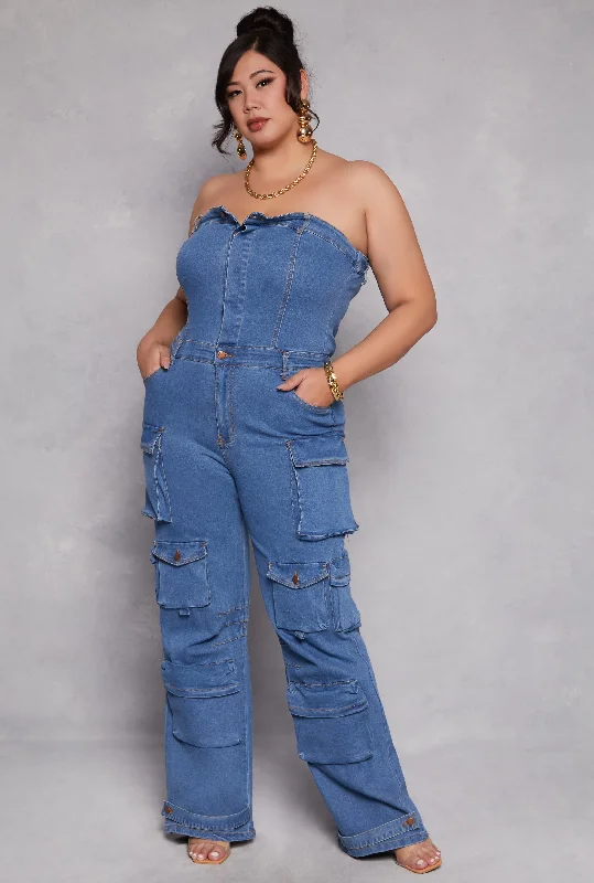 Women's Jumpsuits with High WaistPlus Size Daisy Denim Strapless Utility Jumpsuit