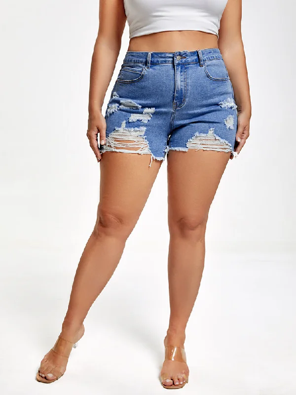 Plus Blue Ripped Raw Cut Denim Shorts