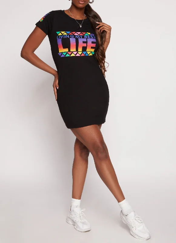 Women's One-Shoulder DressesLiving My Best Life Graphic T Shirt Dress