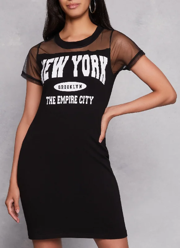 Women's Mandarin-Neck DressesNew York Brooklyn Mesh Detail Graphic T Shirt Dress