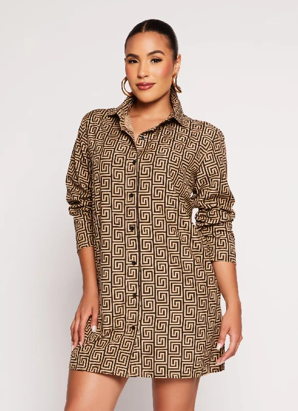 Women's Wide Collar DressesPrinted Button Front Shirt Dress