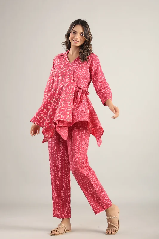 women's pajamas with a touch of eleganceDainty Florals with Arrows on Pink Cotton Co ord Set