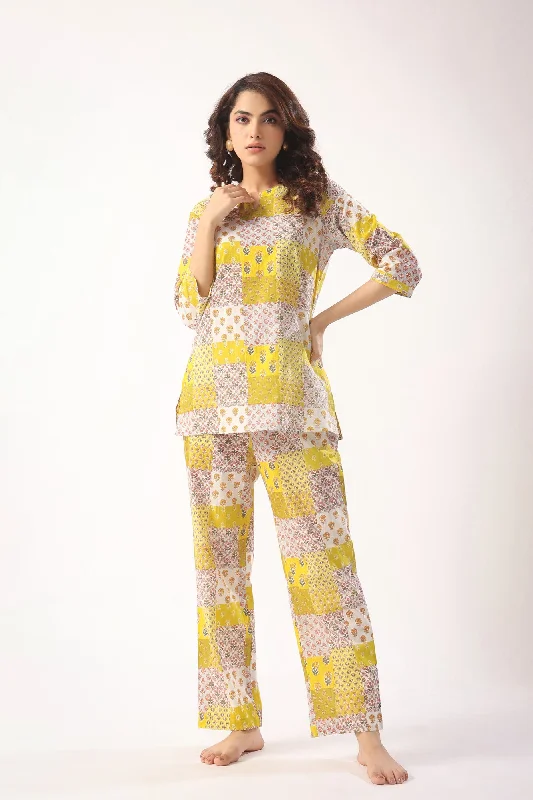 women's cotton pajama setsPatch Print on Mustard Loungewear Top Set