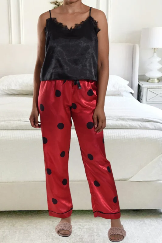 women's cotton pajama setsRed Polka Dot Satin Three Piece Set