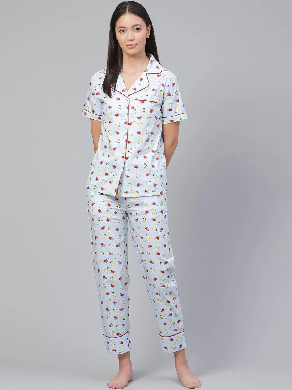 women's pajamas with built-in braPure Cotton Blue Printed Night Suit for Ladies