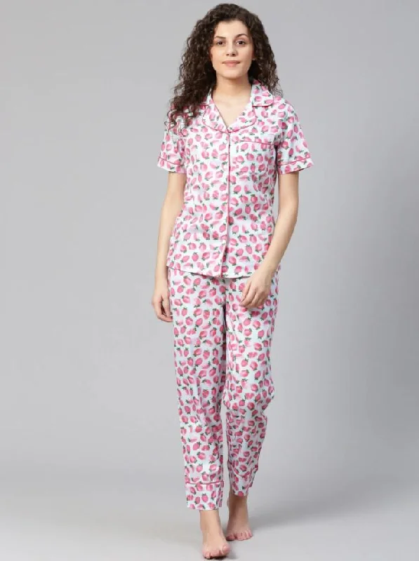 women's pajamas for cold weatherWomen Cotton Pink Printed Nightsuit Pyjama sets