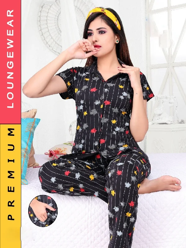 plus-size women's pajama pantsWomen's Black Floral Cotton Printed Nigh suit Pajama Set